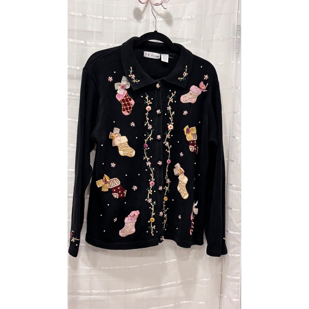 B.P. Design Vintage Christmas Stocking Embroidered Cardigan Sweater Black‎ XL